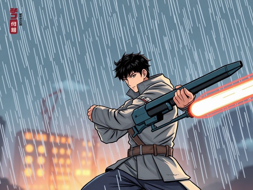 Korean action webtoon cover with a lone fighter in rain