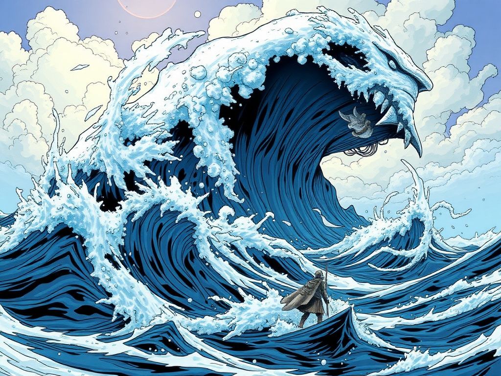 A dramatic ocean fantasy comic cover with a lone hero