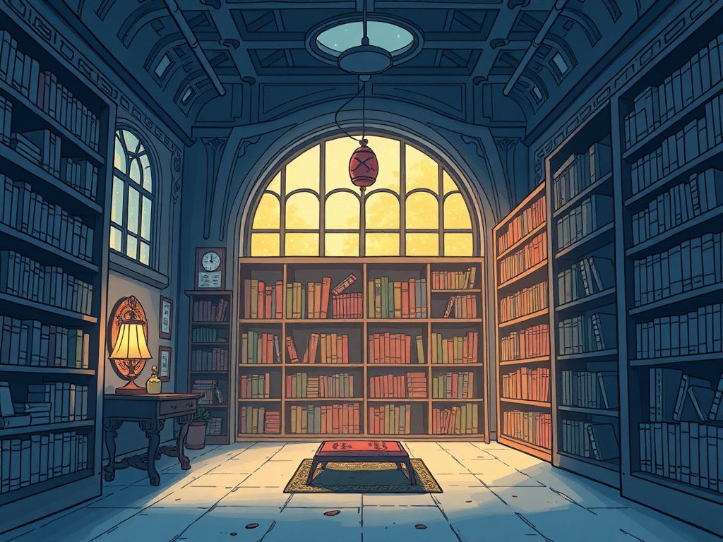 Korean webtoon cover with a mysterious library interior